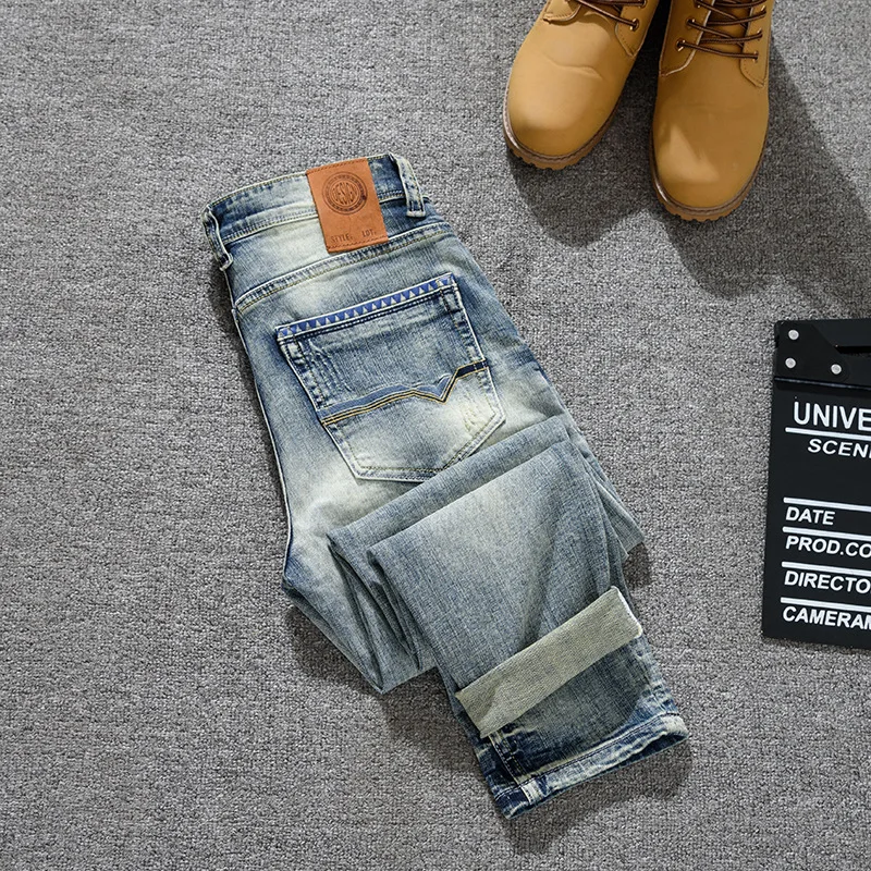 Nostalgic jeans men's heavyweight slim fit small straight leg Korean version retro versatile casual street cool denim pants
