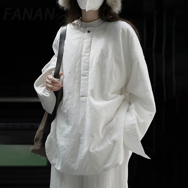 

FANAN белый минимализм пуловер хлопковые пальто для женщин круглый вырез с длинным рукавом повседневные свободные куртки модные топы 2025 зима новинка
