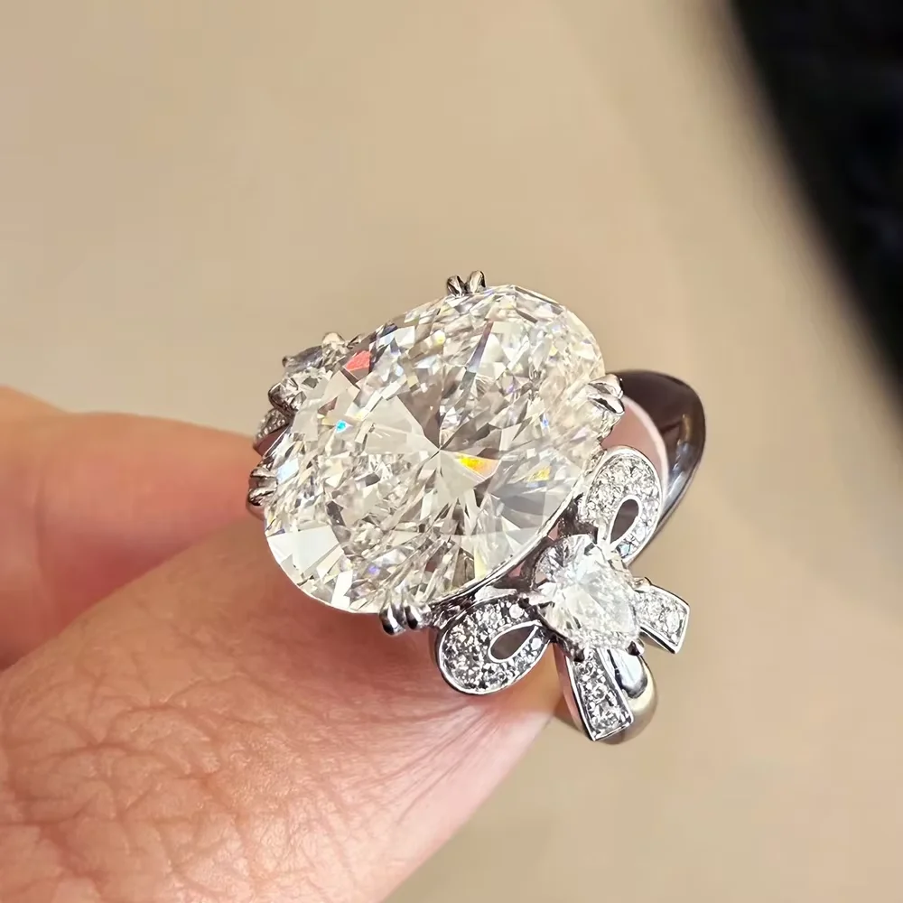 

Вневременное кольцо с муассанитом овальной огранки 5CT с бантом S925, серебряное лабораторное кольцо с бриллиантом в форме банта, обручальные кольца, подарки, ювелирные изделия с сертификатом