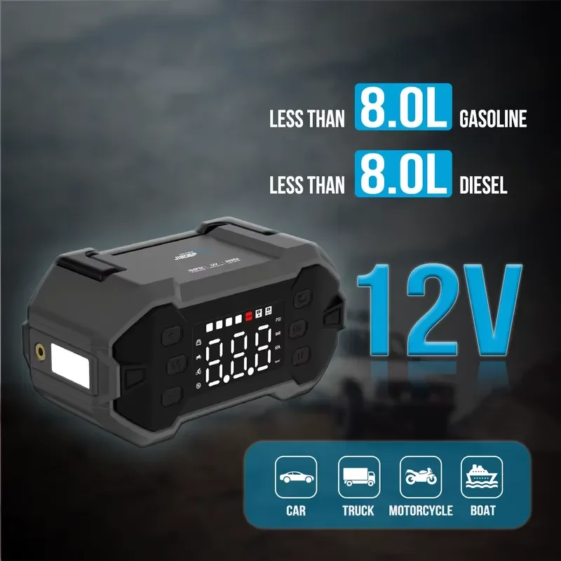 12V Portable Car Jump Starter with Built-in Mini Electric Air Pump Rechargeable Battery Booster for Motorcycle Auto Emergency