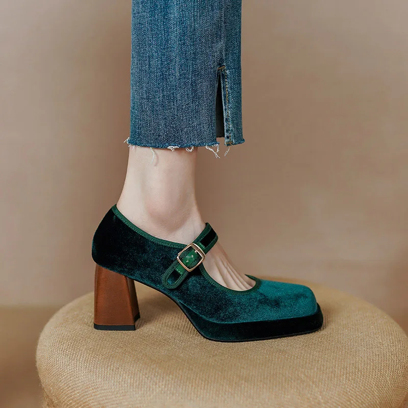 Phoentin Retro Velvet Mary Jane Shoes for woman 2022 Autumn new  high heels Pumps Ladies Elegant Party shoes green red FT1975