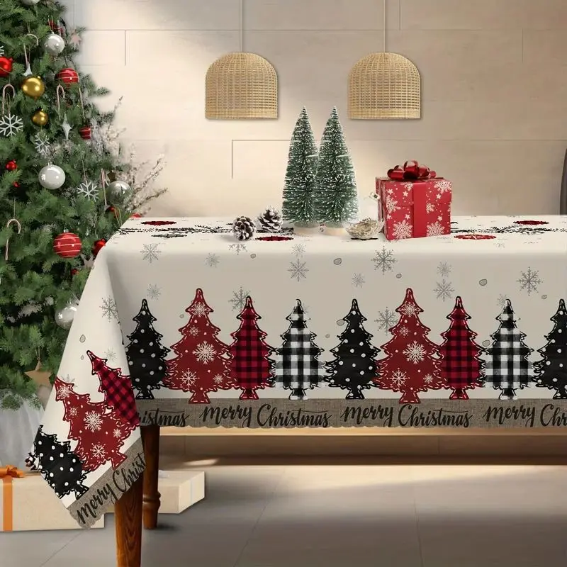 VIKAMA Xmas Holiday Tablecloth Buffalo Plaid Christmas Tree Snowflakes Pattern Table Cover For Home Kitchen Dining Decor