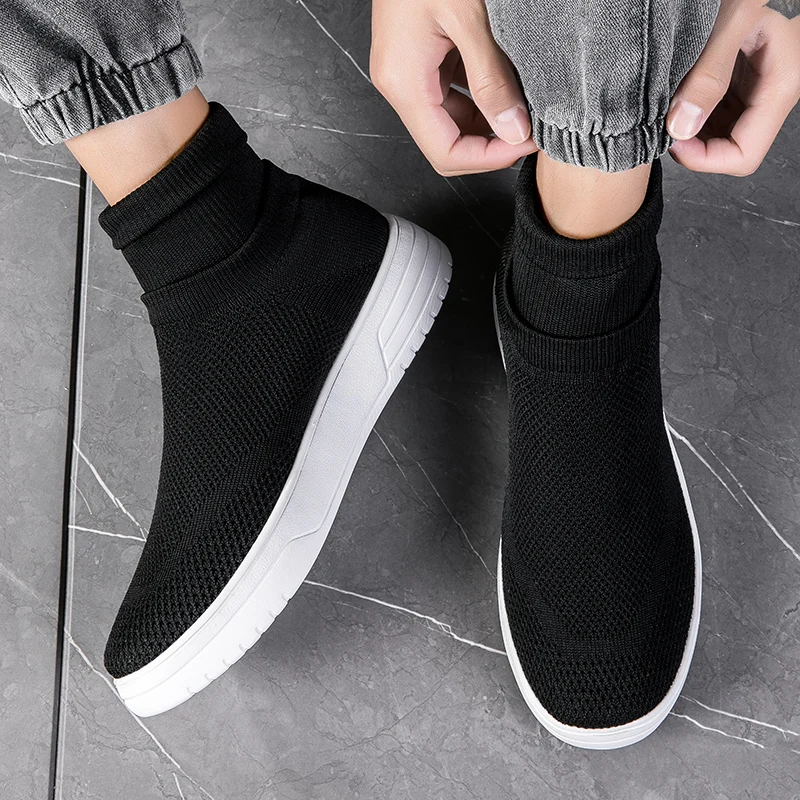 Men Thick Bottom Sneakers Autumn Couple New Non-slip Sock Shoes Breathable Mesh Round Head Casual Running High-top Flats Women