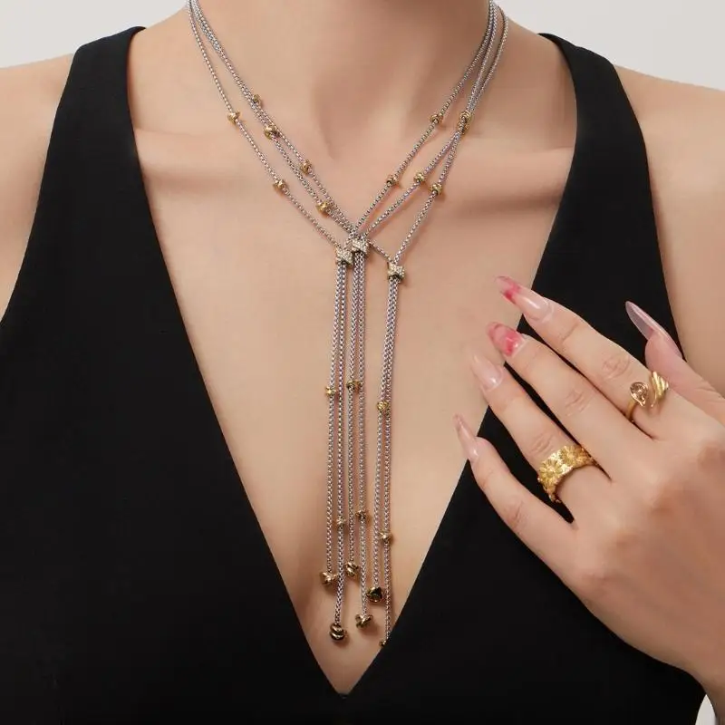 Modern Tassels Necklace With Micro Set Zircon Stones And 18K Gold Plated Stainless Steel Chain Trendy Pull Chain Necklace E0BF