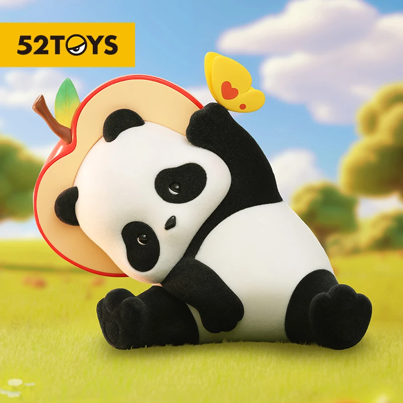 52TOYS Panda Roll Limited Edition Small-minded Panda with Apple Hat, Flocked Toy, about 14cm height