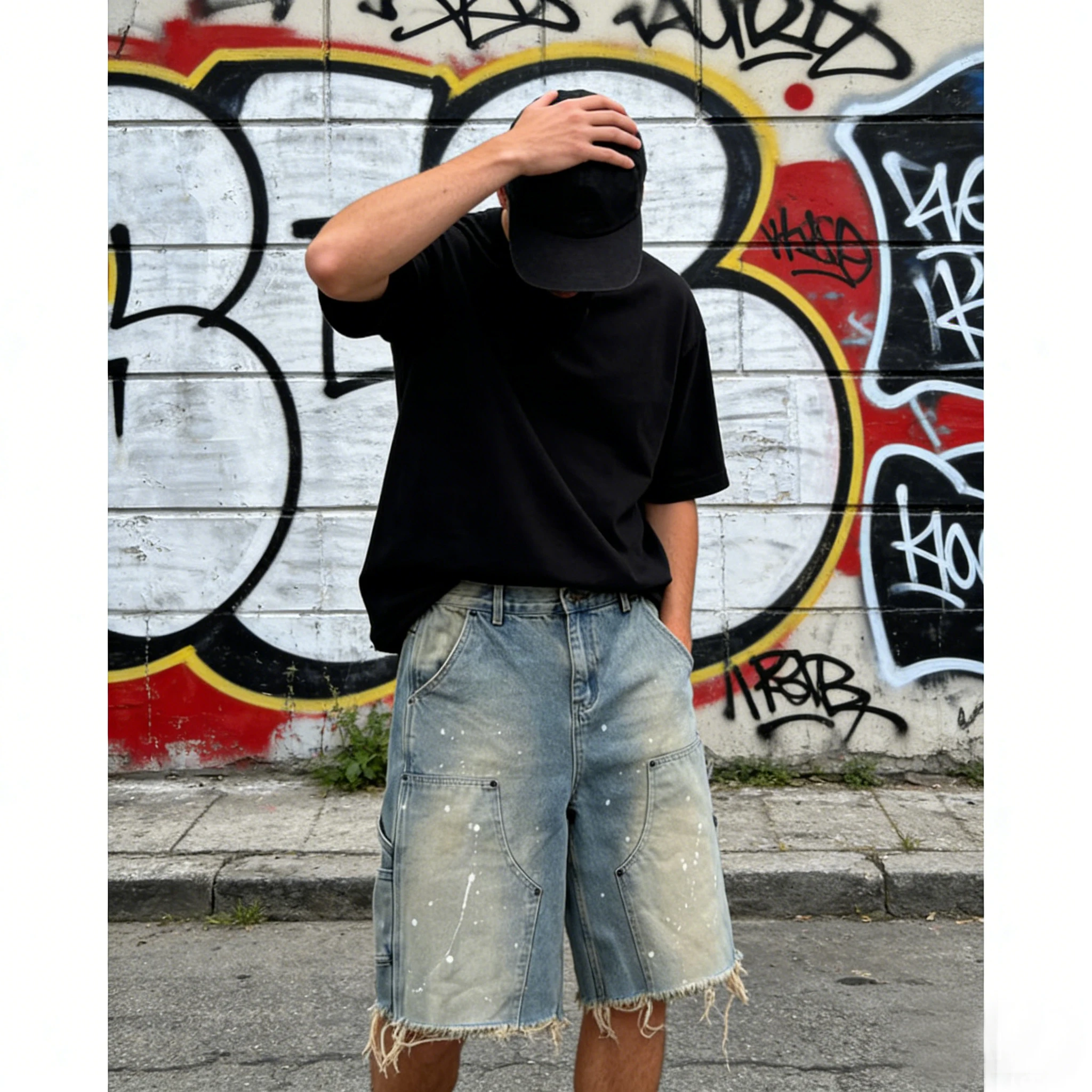

Summer men's loose straight denim shorts with high street splatter ink and raw hem breathable and stylish for daily outdoor wear
