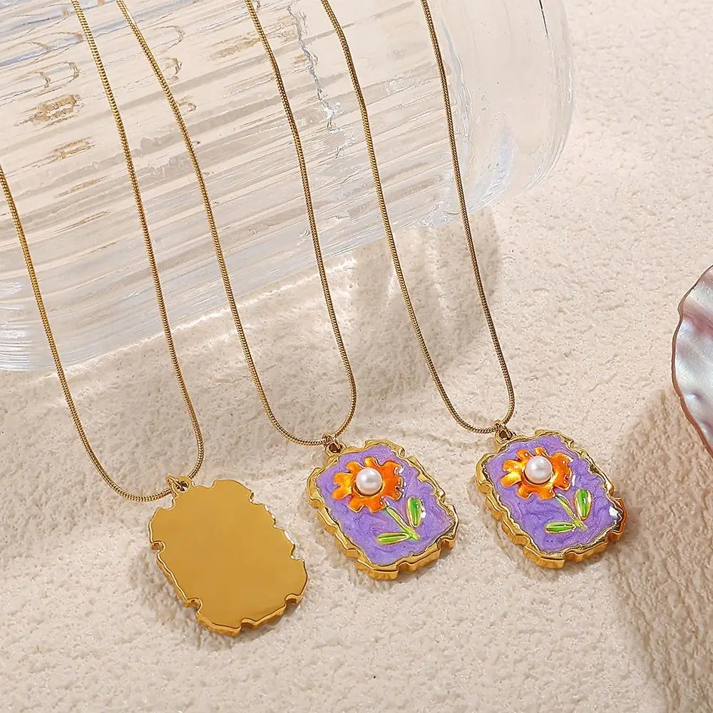 

Imitation Pearl Sunflower Enamel Necklace Dripping Oil Flower Stainless Steel Chain Necklace Temperament Vintage Clavicle Chain