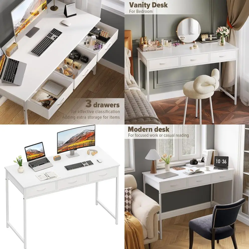 

Modern 47.2 White Desk with 3 Drawers for Small Spaces, Ideal for Home Office, Bedroom, Study, and Gaming