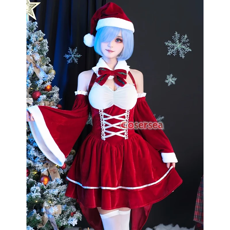 Cosersea Rem Christmas Costume Re Life in a Different World from Zero Cosplay Cute Women Red Autumn Winter Plush Evening Dress