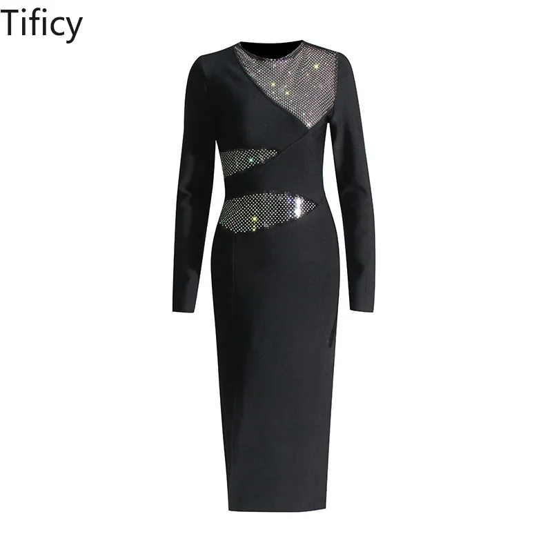 

TIFICY Spring New Product Round Neck Diamond Studded Mesh with Hollowed Out Side Slit Slim Fit Women's Dress Wrapped Buttocks