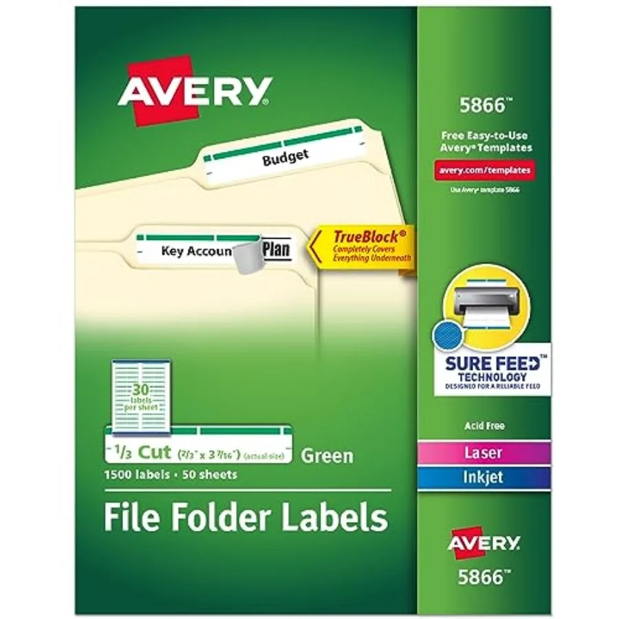 

Green File Folder Labels for Laser and Inkjet Printers with TrueBlock Technology 2/3 inches x 3-7/16 inches 5 Packs 5866