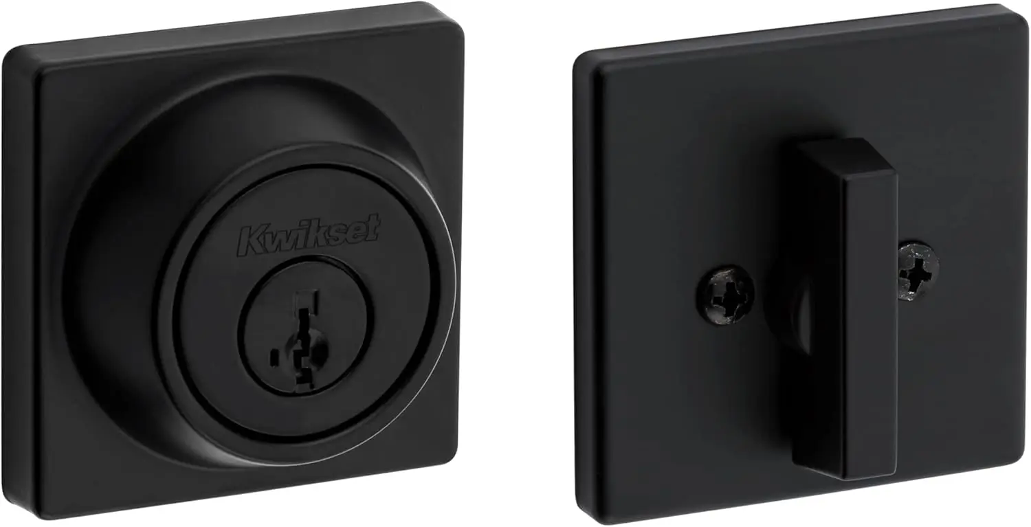 Kwikset 660 Contemporary Deadbolt Deadbolt Lock, Matte Black Square Exterior Keyed Front Entry Door, Pick Resistant