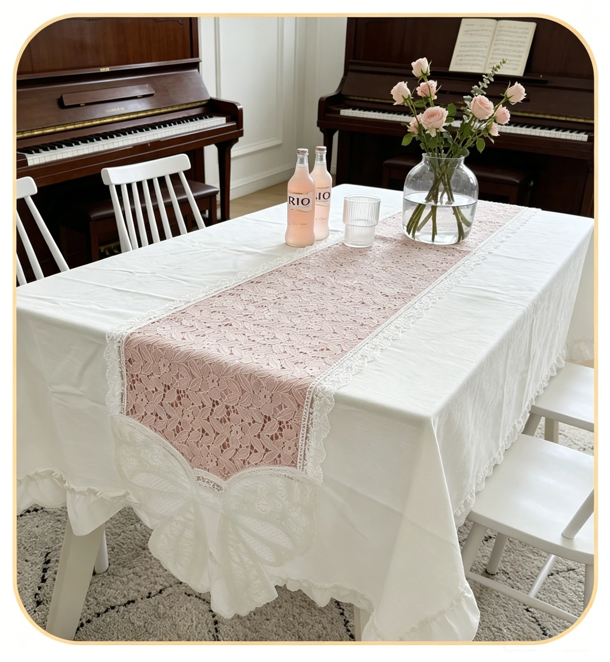 Elegant White Pink Lace Bow Embroidered Table Runner for Piano Cabinet Dining Coffee Table - Decorative Home Wedding Tablecloth
