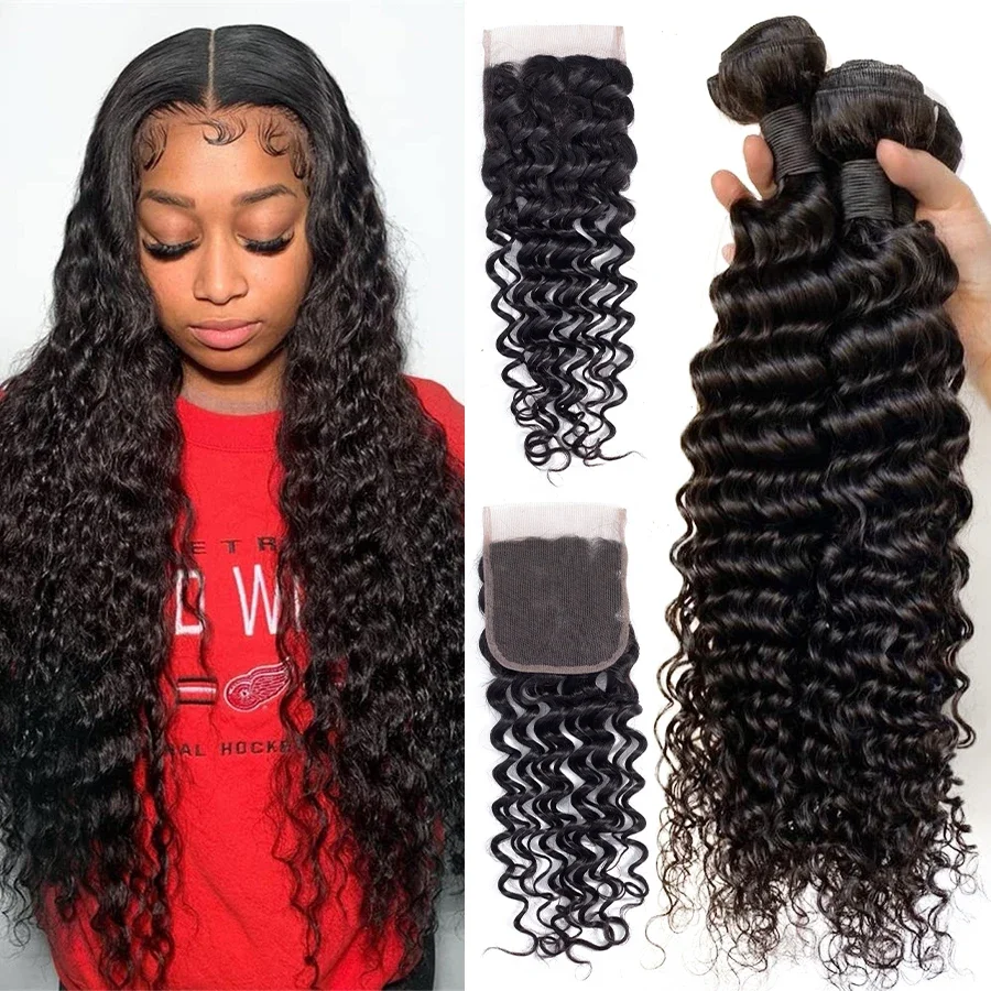 20 22 24 inch Deep Wave Hair Bundles with Closures 12A Raw Hair Long Thick Deep Curly Human Hair Bundles with 4x4 Lace Closure