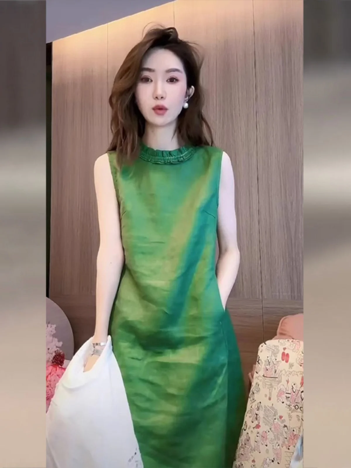 

Green Sleeveless Cotton Linen Dress Women's Summer New Luxury High-End A-Line Skirt Casual High Waist Zipper Back Mid-Length