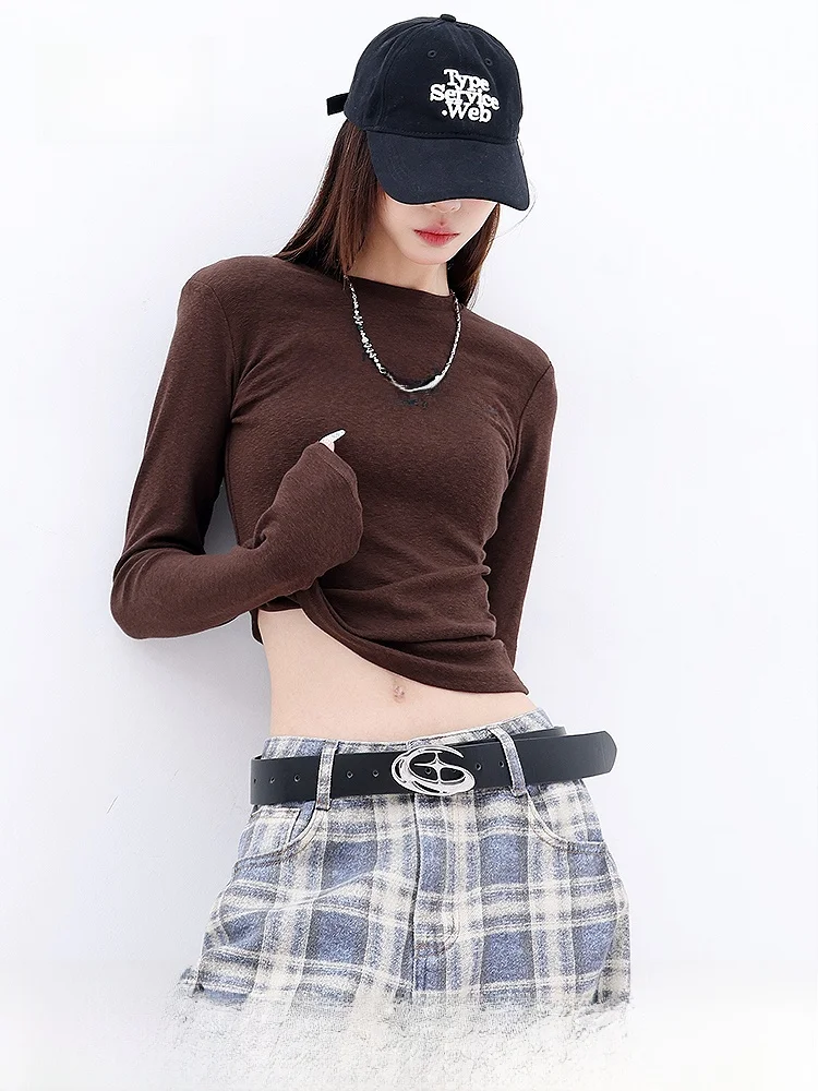 

Женская трикотажная футболка NZNB с ретро-принтом, облегающая, для ношения под одеждой, осенняя, с круглым вырезом, средней длины