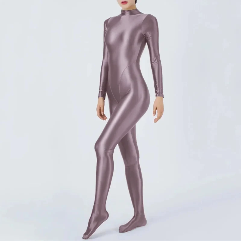 

♥2026 New Halloween Costume Cosplay Women Solid Color Zentai High neck stretch glossy Sports Yoga Oily bodysuit Shiny smooth ★★★