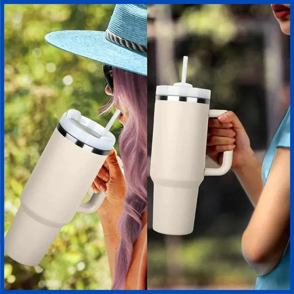 

Стакан из нержавеющей стали на 40 унций с соломой и ручкой — дорожная кружка с вакуумной изоляцией для горячего/молодного кофе, герметичная чашка с двойными стенками