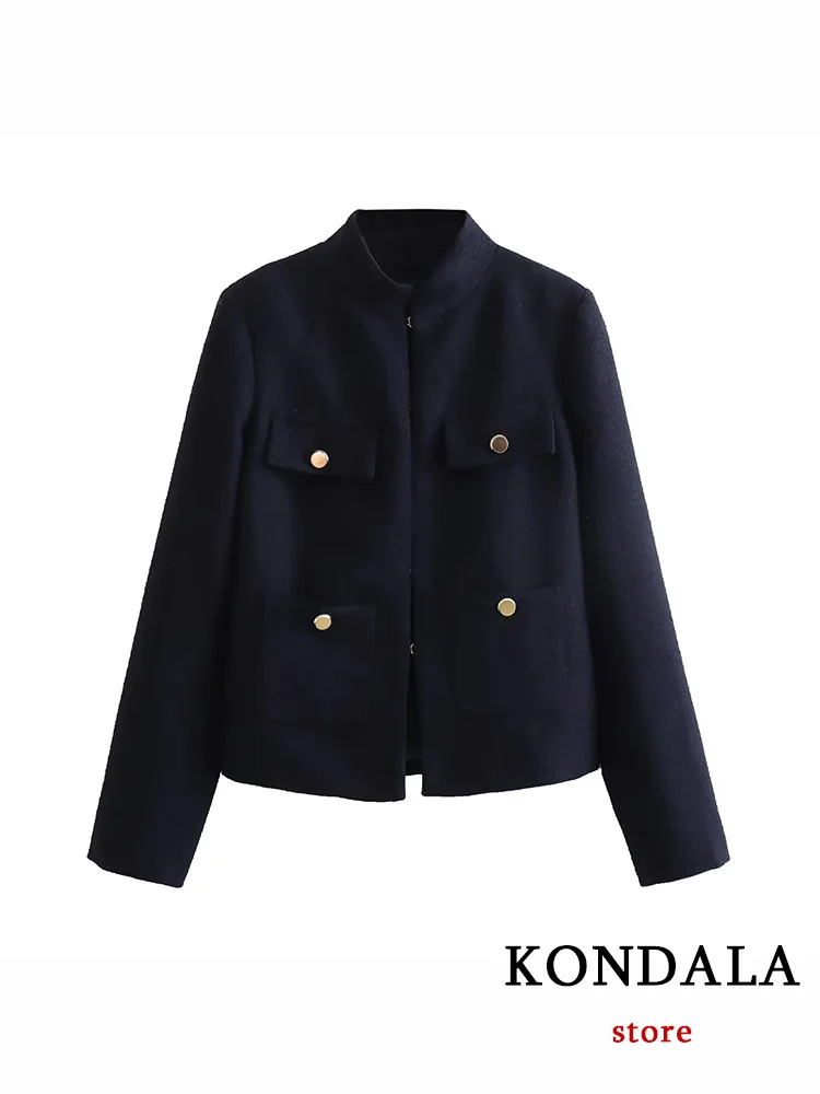 KONDALA Vintage Office Lady Chic Blazer Solid Stand Collar Pockets Long Sleeve Straight Blazer New Fashion 2023 Autumn Jackets