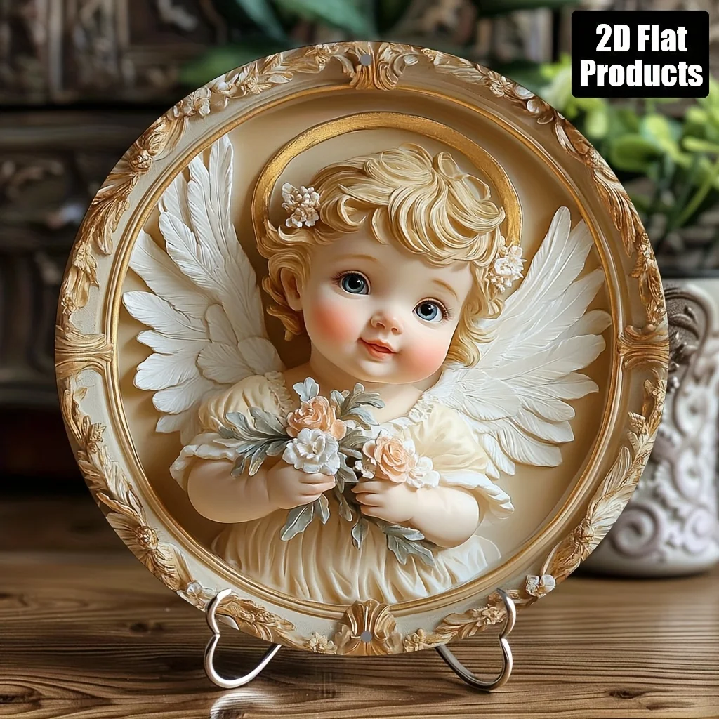 2D Flat, 1pc 2D Flat Print 20x20cm Metal Sign 2D Flat Print, 1pc, 8x8 Inch Round Metal Wall Art - Cherub with Golden Halo & Flor