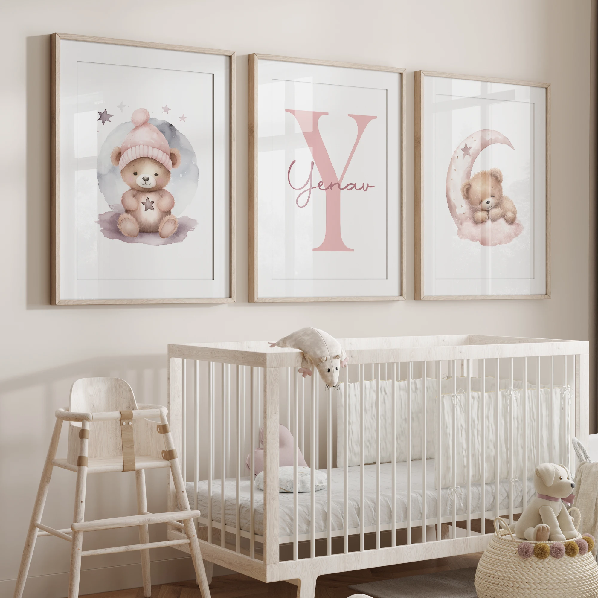 Ours endormi rose avec nom personnalisé pour enfants, impression d'art mural, photo personnalisée, cadeau pour bébé, salon, chambre d'enfant, décoration d'intérieur, filles, 3 pièces