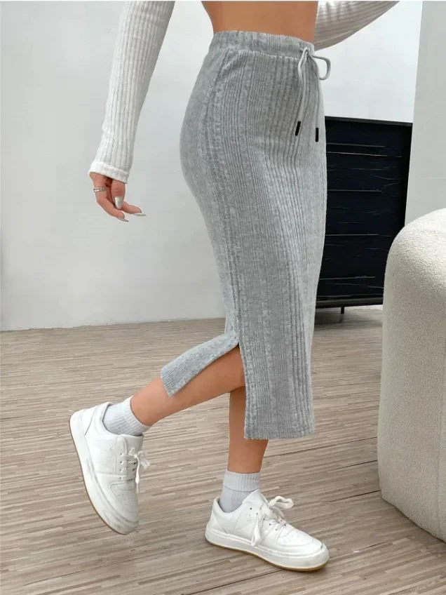 Autumn and Winter New Casual High Waist Drawstring Slit Knitted Wool Skirt Ladies Fashion Solid Color Slim-fit Half Body Skirt