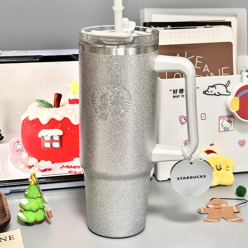 Starbucks Silver Flash 900ml Giant Tumbler with Handle, Stainless Steel Straw Cup, Embossed Siren Logo Leak-proof Travel Mug