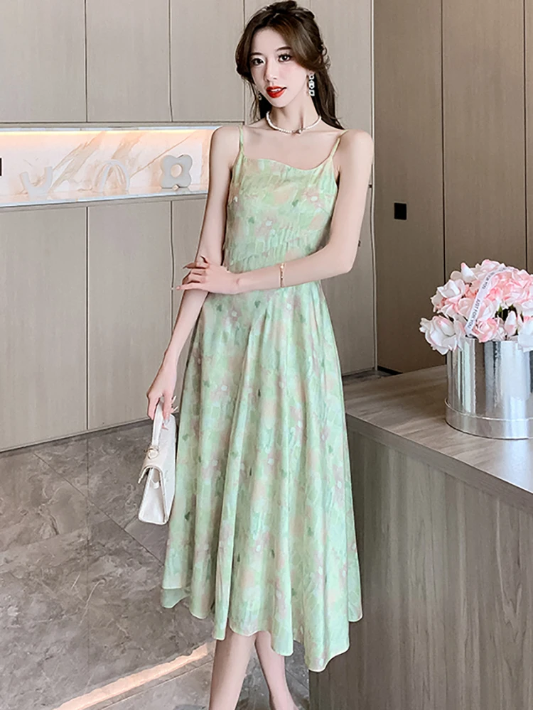 Women Green Floral Casual Beach Sundress Summer Fashion Elegant Sling Sexy Long Dress 2024 New Korean Luxury Dance Party Dress