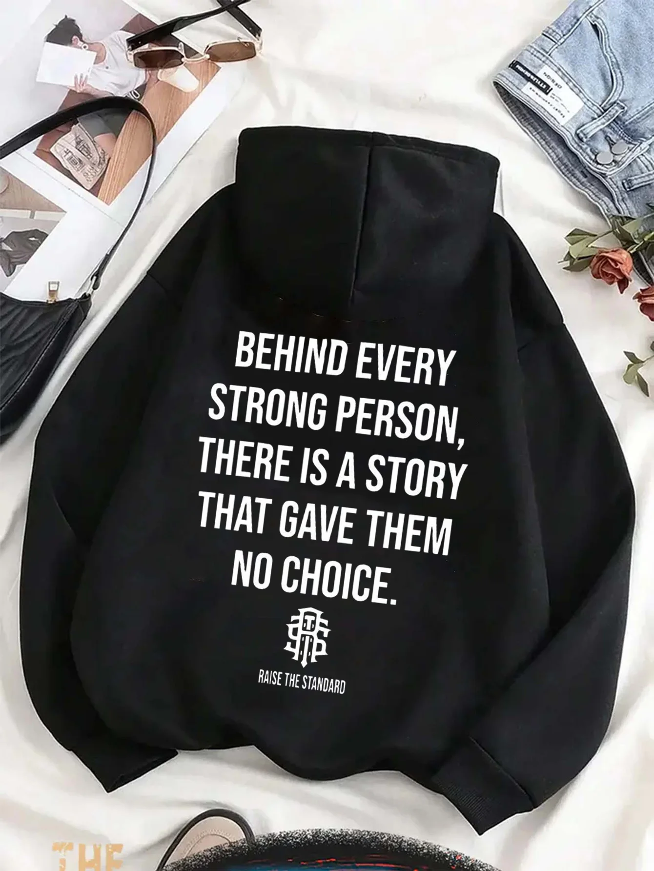 Men's Hoodie, Black Sweatshirt with Text on the Back, Kangaroo Pocket, Adjustable Drawstring, Hooded, Durable Knit Fabric, Machine Washable, Comfortable Clothing, Everyday Casual Wear for Autumn and Winter, Inspirational Text Design, Trendy Fashion, Urban Style, High-Quality Stitching, Streetwear