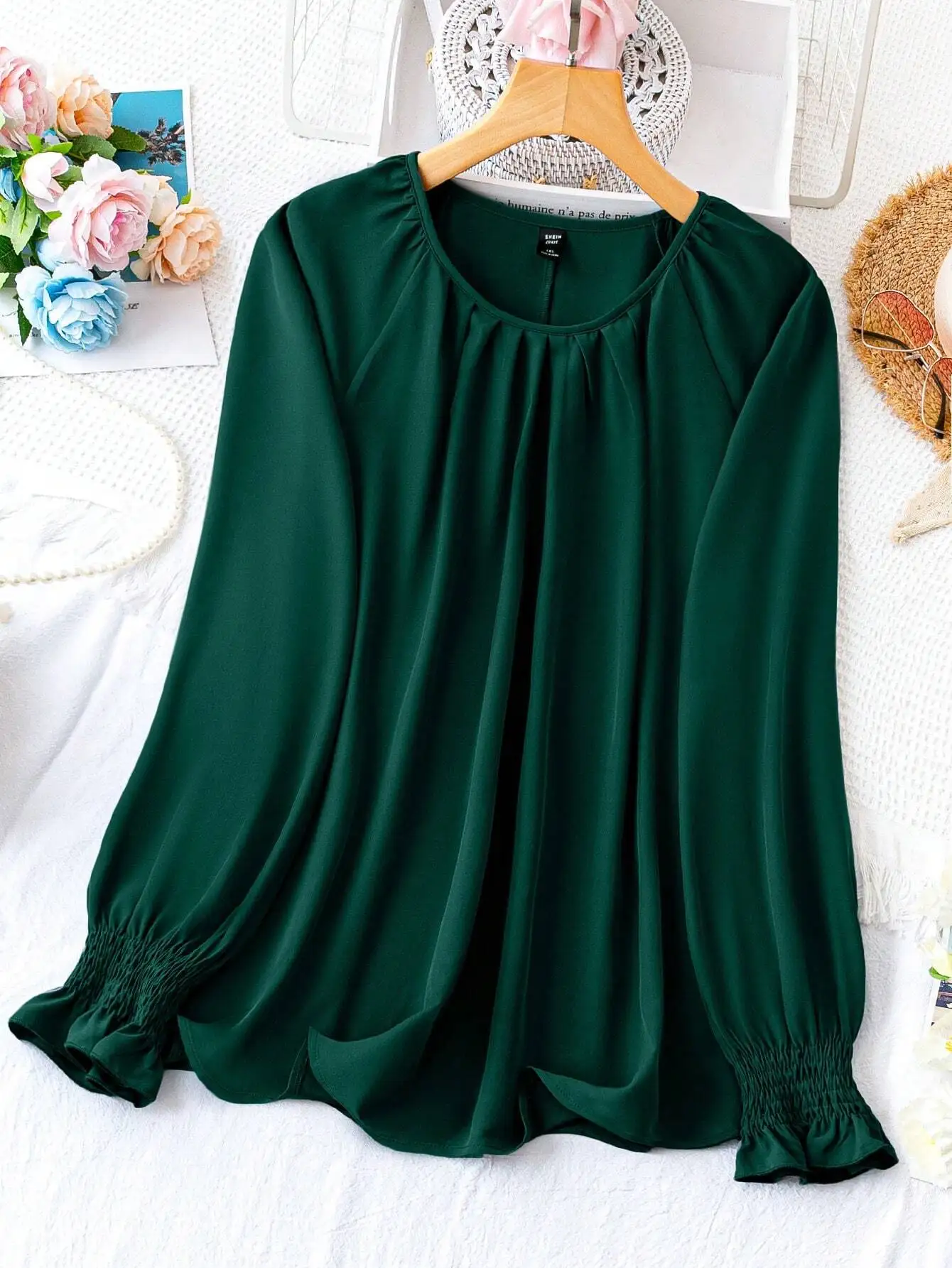 Plus Size Solid Round Neck Pleated Long Sleeve Blouse for Casual Wear