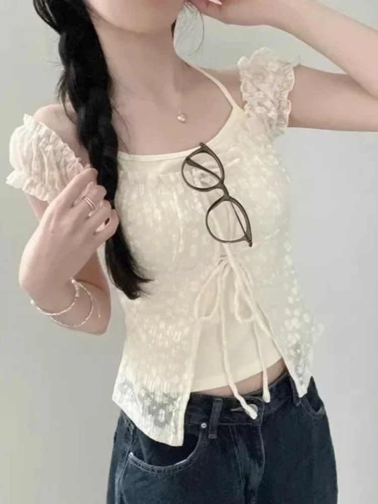 وهمية قطعتين امرأة الرسن المرقعة تي شيرت كل مباراة الدانتيل زهرة ضمادة الكورية تيز الحلو موضة الصيف اقتصاص تي شيرت #6