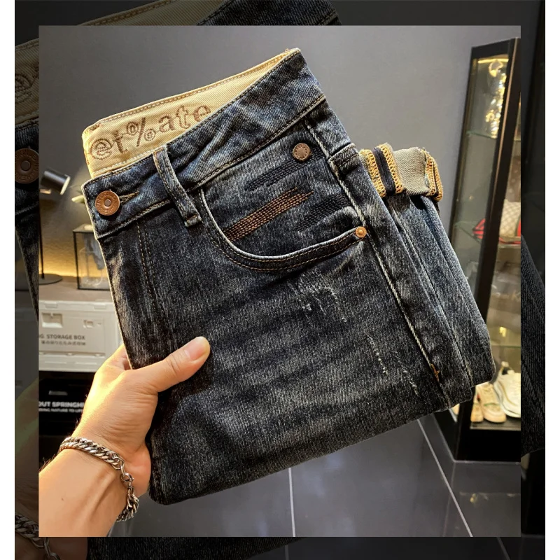 

Уличная одежда, универсальные американские элитные осенние джинсы с девятью точками, мужские новые модные шаровары для маленьких ног, красивый повседневный