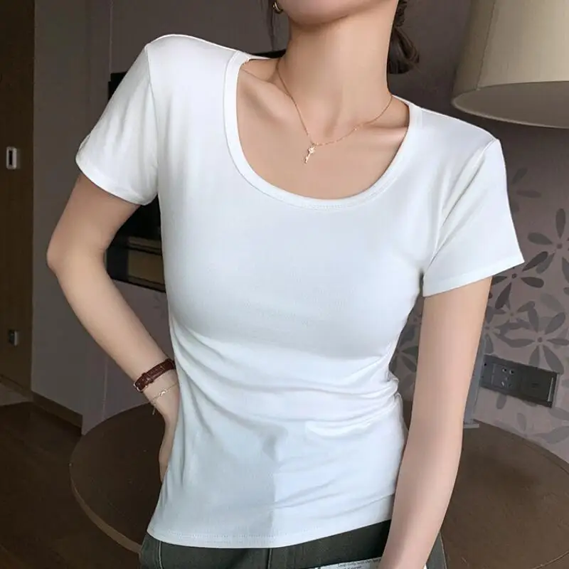 

Front Shoulder U-Neck T-Shirt for Women's Summer New Slim Fit and Slimming Base Shirt Short Sleeved Top Short Sleeve T-Shirt