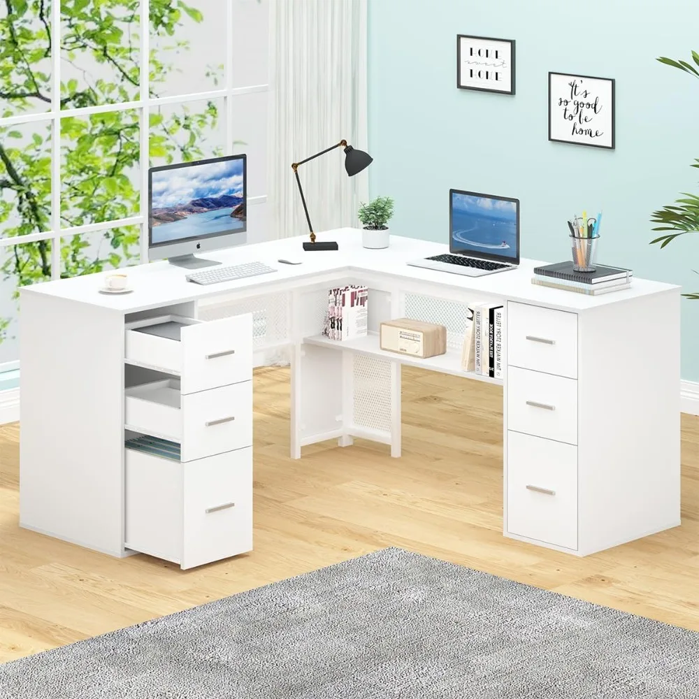 59 Inch Home Office Corner Computer Desk with Storage File Cabinet,for Executive Writing Study Workstation,59 Inch Bedroom Table