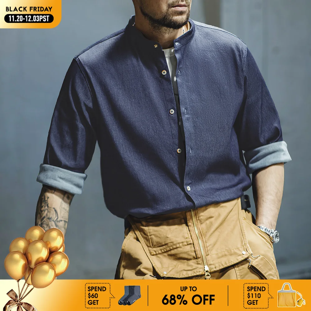 Maden-Camisa jeans de seda gelada retrô masculina com gola redonda lavada, camisa de manga comprida, cor sólida casual, outono