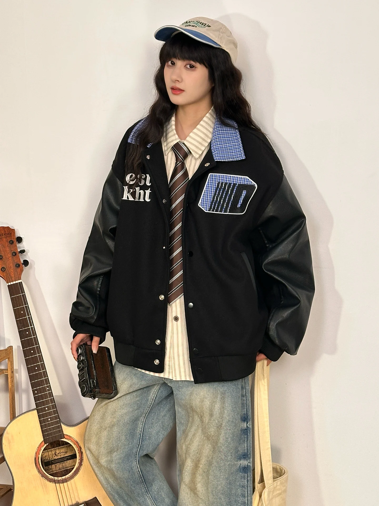 

Original American Retro Color Blo Plaid Collar Loose Baseball Jaet Women's Autumn Winter Street Sle Warm Polyester Fiber