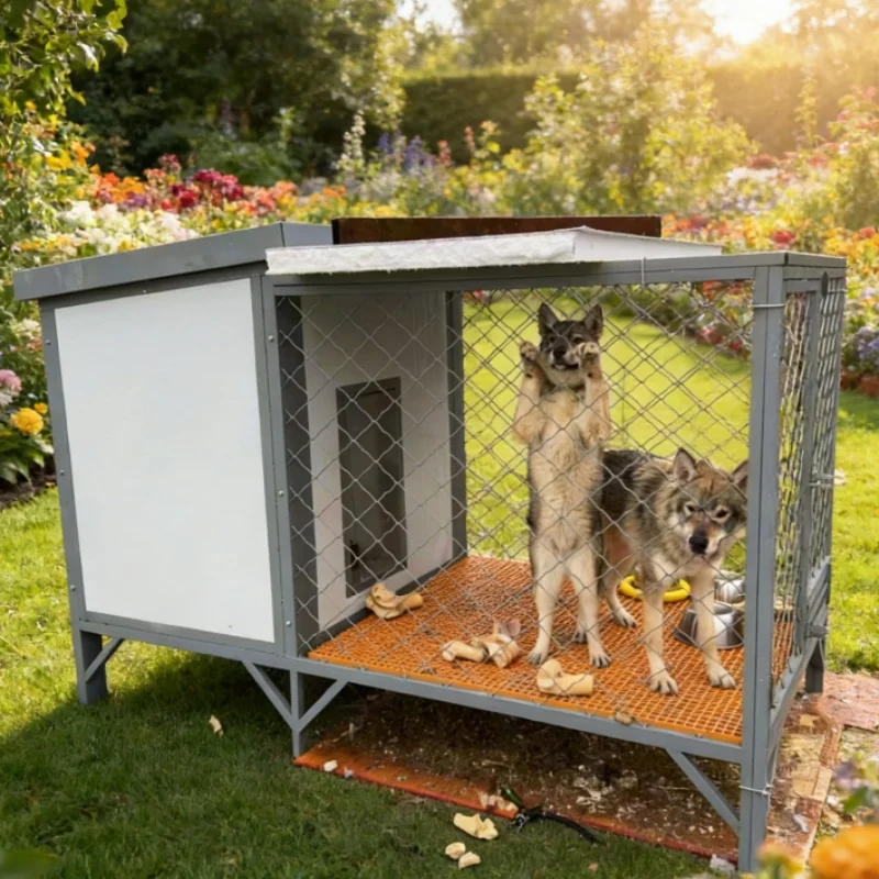 Modern collapsible pet cage with rotating feeding bowl, pull-out toilet, waterproof stainless steel wood construction