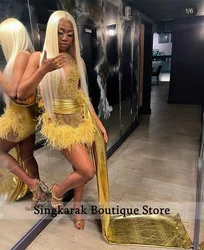 Glitter Golden Birthday Party Dress For Black Girl Short Prom Dress Crystal Beading Cocktail Dress Feathers Homecoming Customize