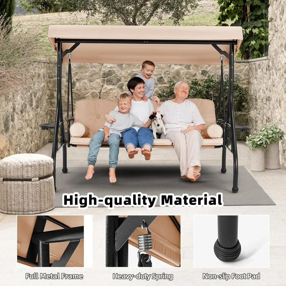 Columpio de 3 asientos para porche al aire libre, columpio ajustable con dosel para porche, columpio para exteriores con soporte, silla Planeadora de Patio con cojines gruesos