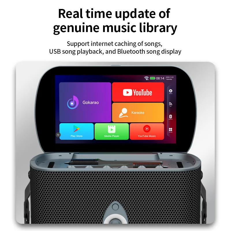 Multi functional speaker system portable, equipped with dual microphones and intelligent touch screen