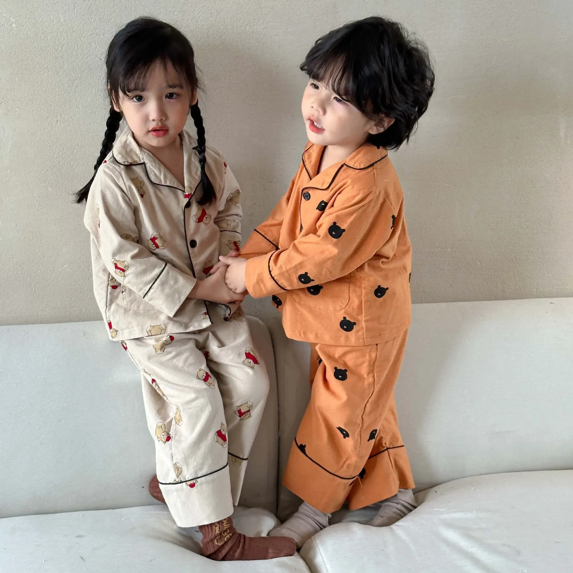 

2025 Autumn Winter Baby Boys Girls Cotton Brushed Pajamas Set Cartoon Print Cute Soft Sleepwear Full Sleeve Children's Clothes