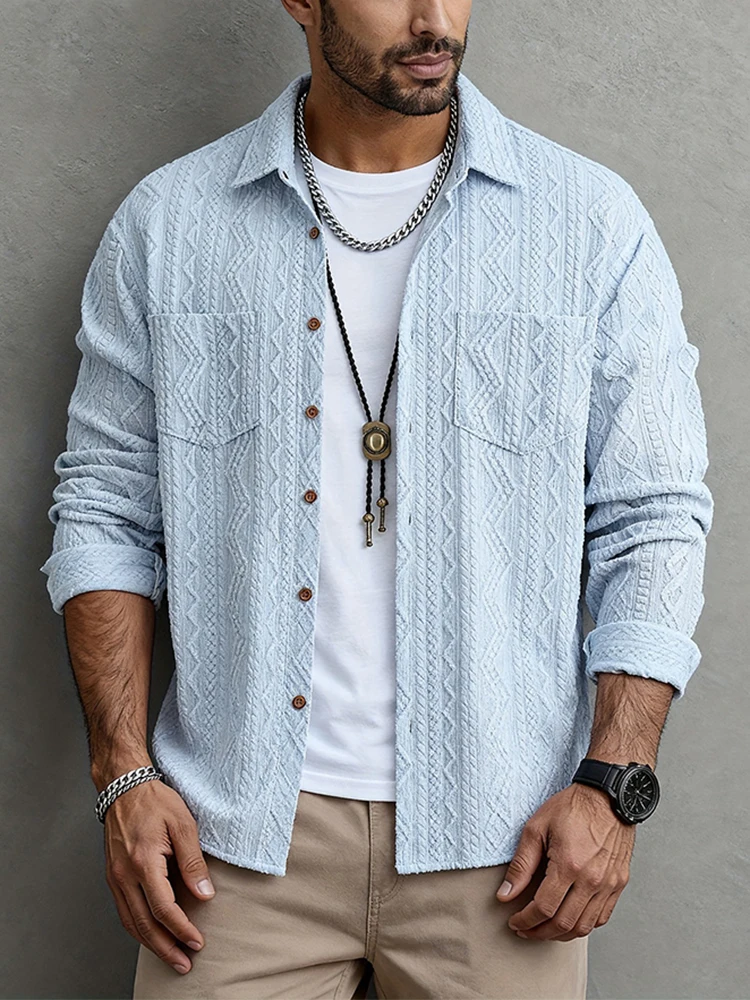 

Trendy Jacquard Textured Mens Jackets 2026 Spring Fall Stylish Button-up Turn-down Collar Cardigan Tops Men Vintage Outerwear