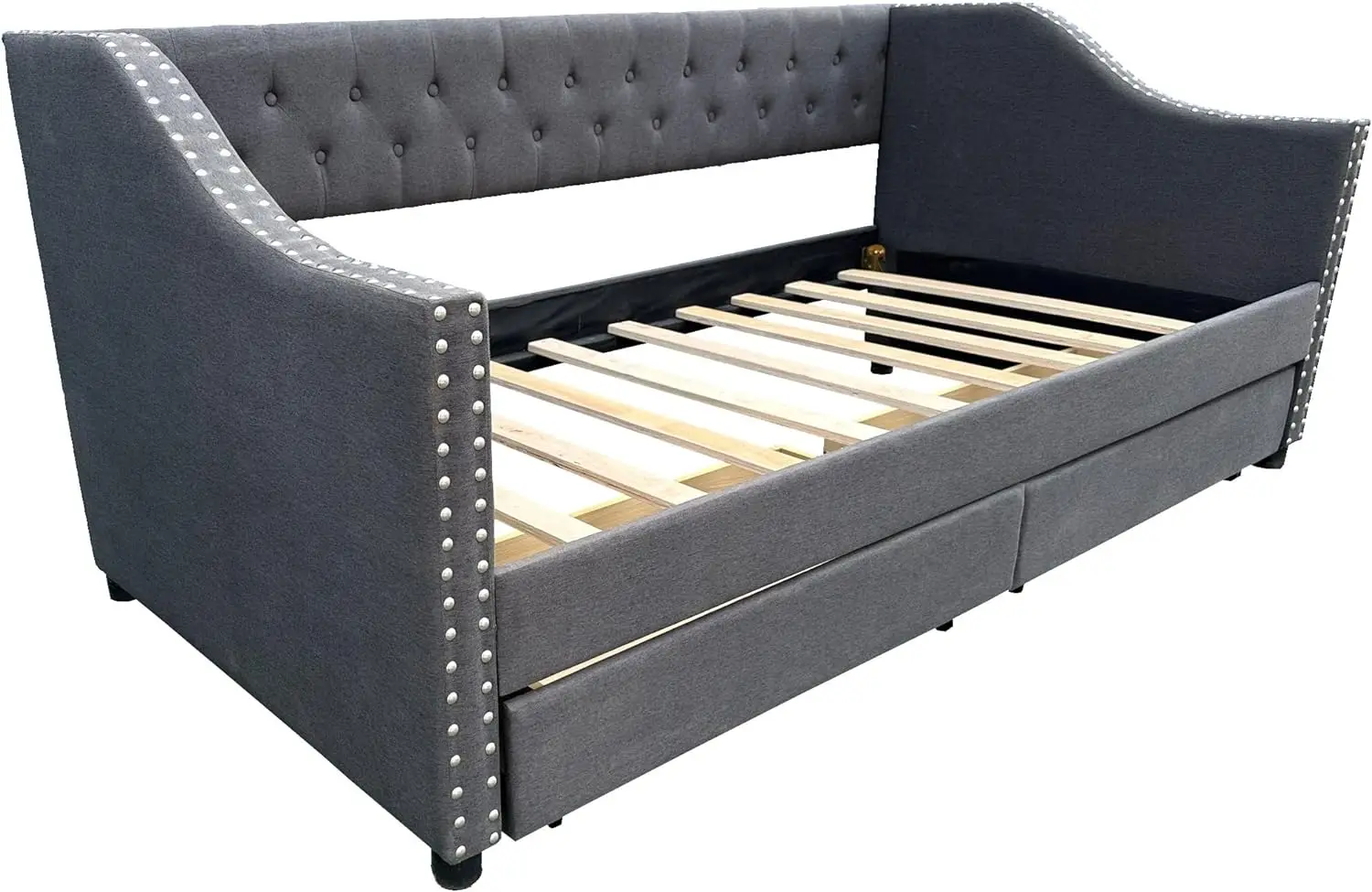 Twin Size Upholstered Daybed With Storage Drawers, Solid Wood Sofábed Bed Frame With Linen Fabric & Wood Slat Support For