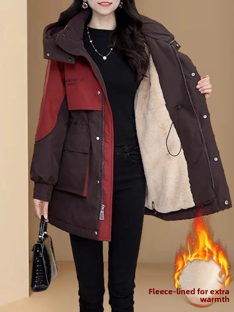 Winter 2022 Dames Thiened Fce Gevoerde Capuchon Jaet Kleur Blo Ontwerp Pendelen Sle Lange Jas Katoen Gewatteerde Bovenkleding