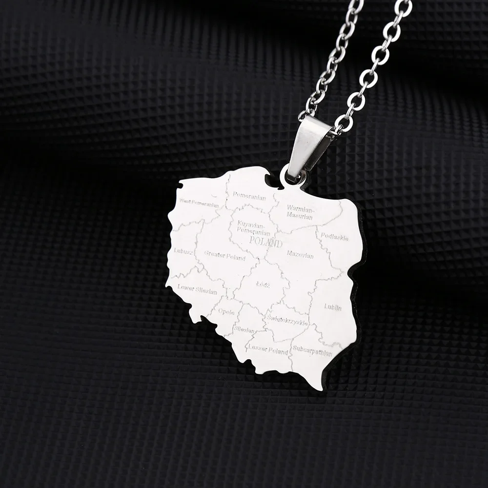 Europe, America Stainless Steel Poland Map and City Pendant Necklace Men and Women Couples Fashion Trend Titanium Steel Cross-bo