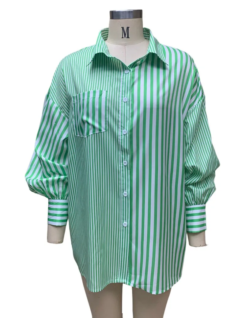 Primavera nuove donne abbigliamento moda temperamento risvolto sciolto camicie a righe a maniche lunghe per le donne