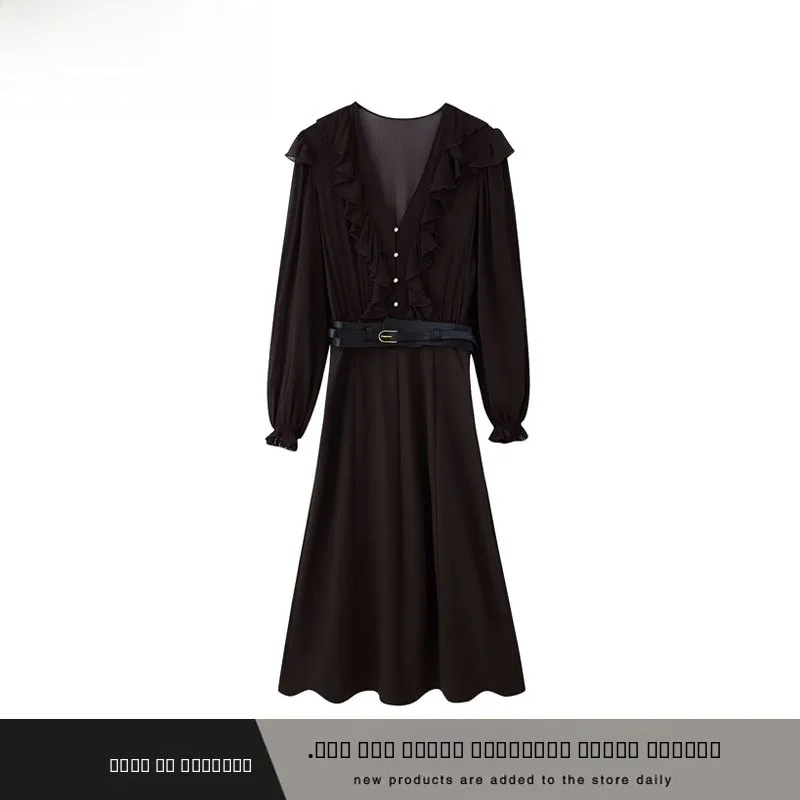 New Autumn Winter Women's Midi Dr with Belt ZR Sle Streetwear Long Sve V-Ne A-Line Skirt Ci Commute Suitable