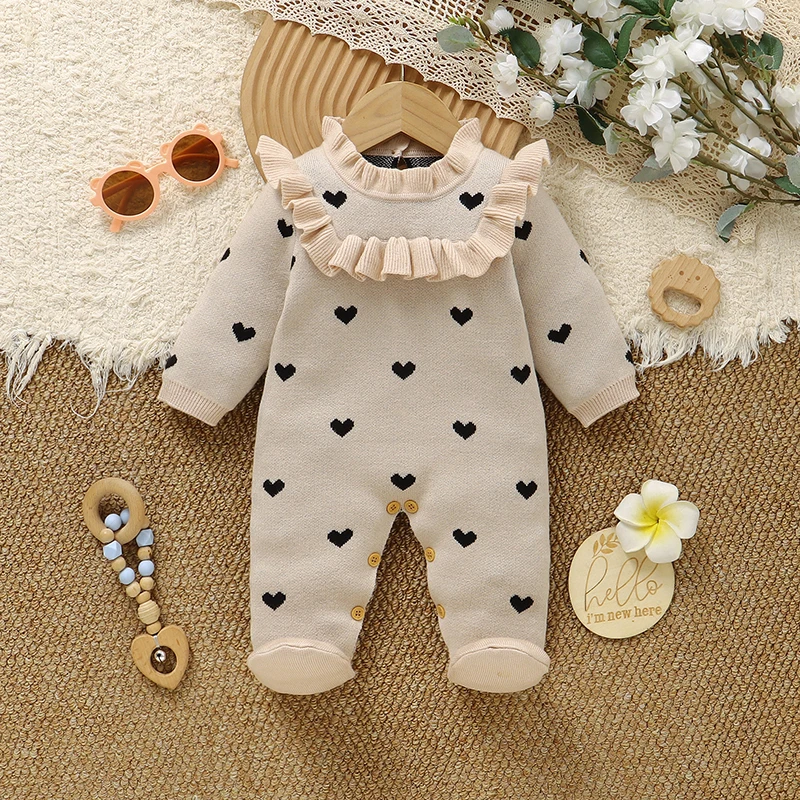 

Baby Romper Knitted Newborn Girl Boy Jumpsuit Long Sleeve Foot Wrap Autumn Infant Kid Clothes 0-9M Fashion Ruffles Overalls Warm