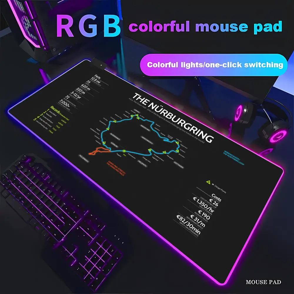 

Black Route Desk Mat Nurburgrings Mouse Pad RGB Gaming Mouse Pad HD Gamer Large LED Light XXL MousePads PC Computer pad Non-slip