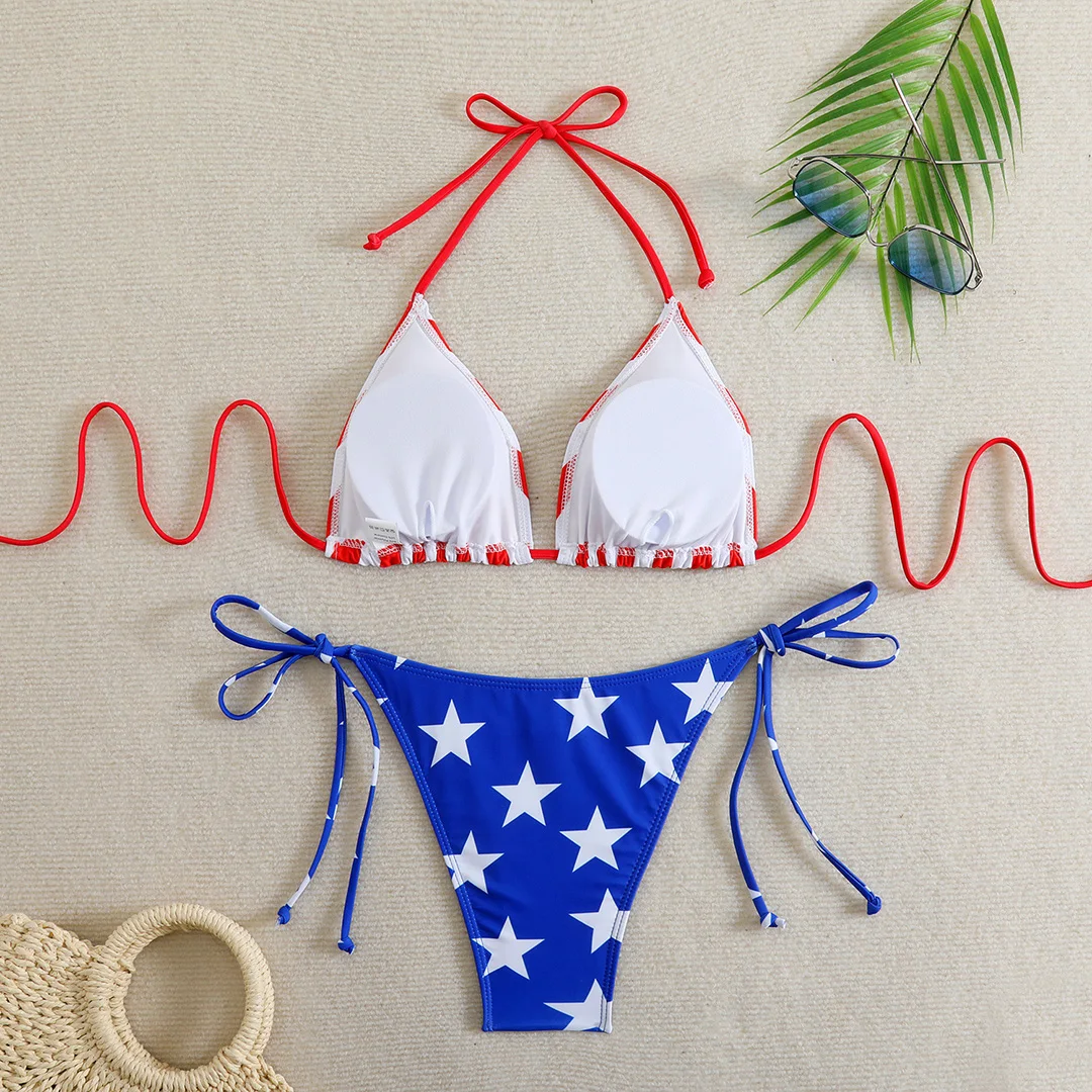 Halterneck-Bikini mit Streifenmuster und Leopardenprint, zweiteiliger Badeanzug für Damen, Badebekleidung, Badeanzug, Badeoutfit, Modell V6840L. – Detail 31